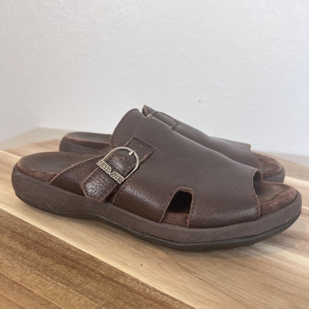 Y2K Teva Slide Sandals Womens 6 Brown Leather Slip On Comfort Shoes Boho Earthy